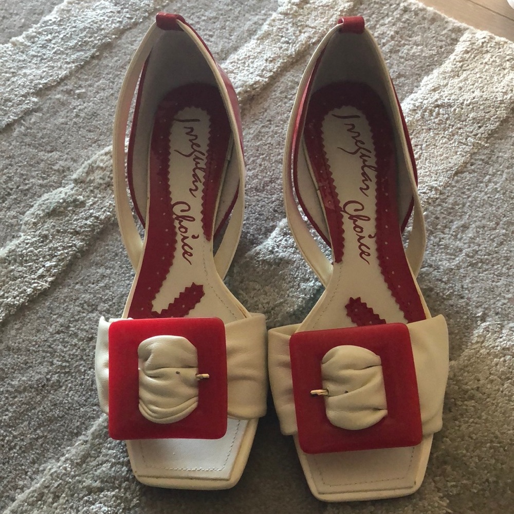 Red & white square open toe shoes Irregular Choice